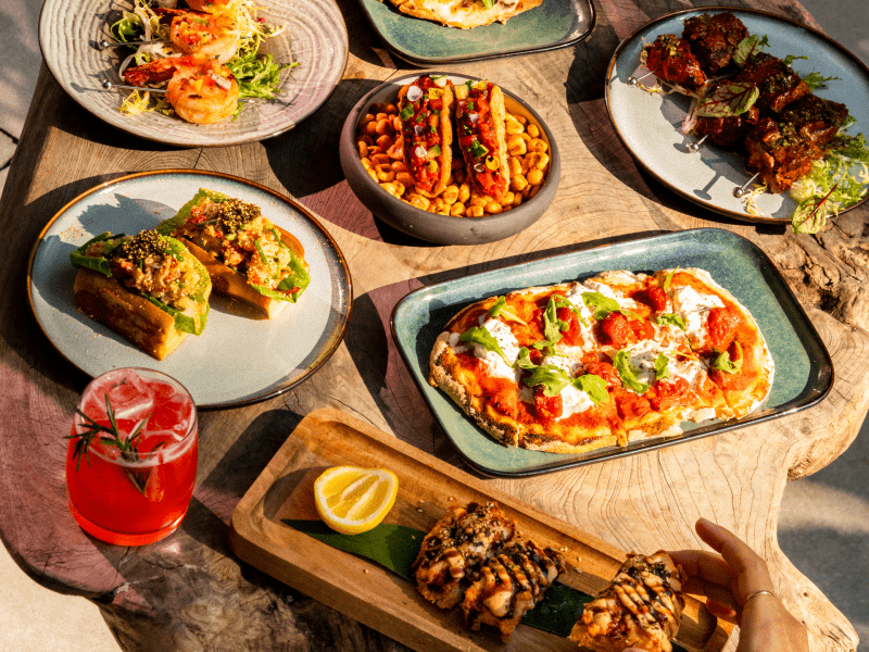 food and cocktails at bar