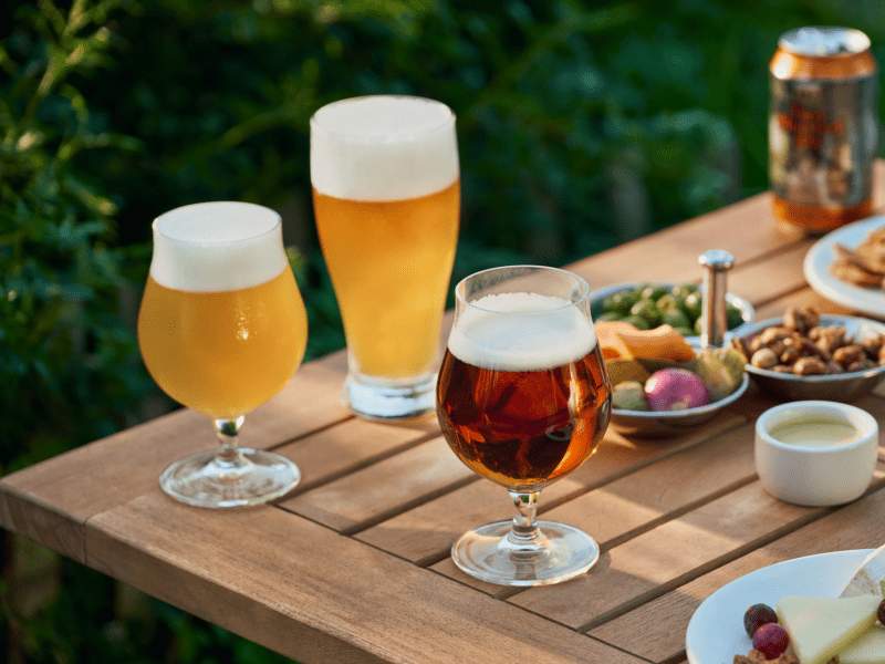 assortimento di birra e stuzzichini su tavolo da picnic