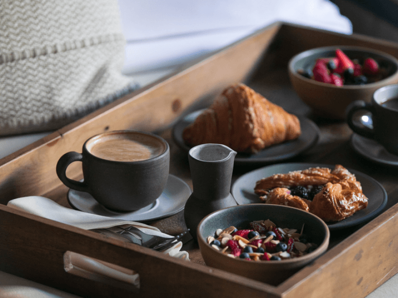 Tray with breakfast in bed