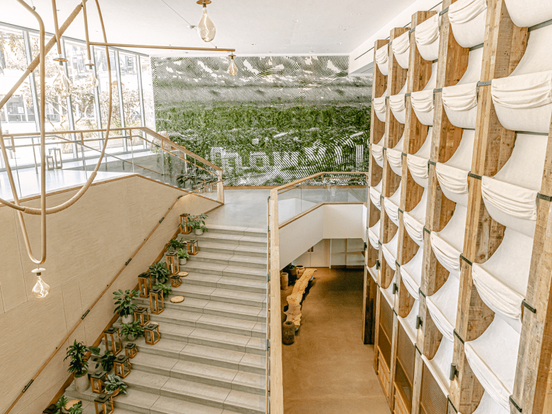 Stairwell with potted plants and lanterns on the steps