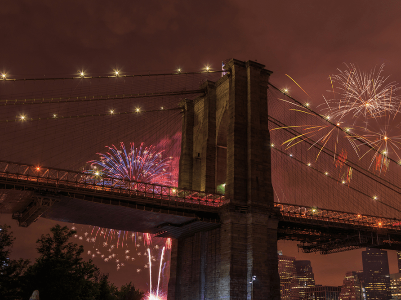 Fireworks being set off behind a bridge
