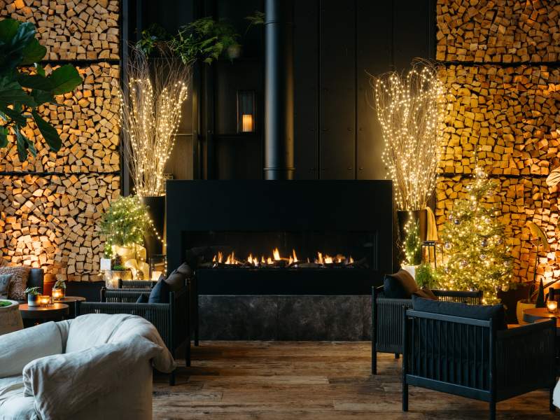 harriets fireplace with holiday lights