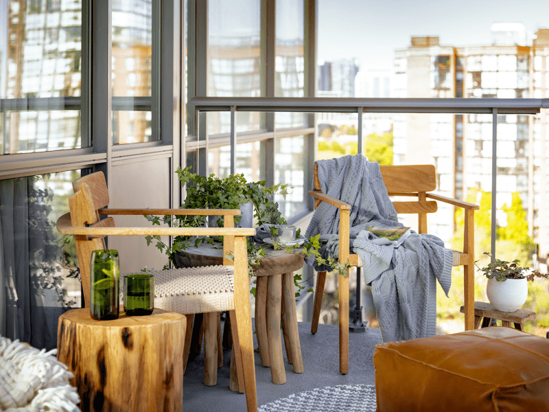 A well furnished patio with views of the surrounding patio