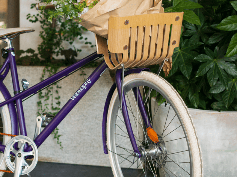 Purple bicycle with a bag of assorted flowers in the basket