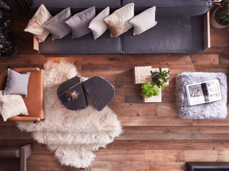 A top down view of a living room area complete with chair, sofa, plants and end tables.