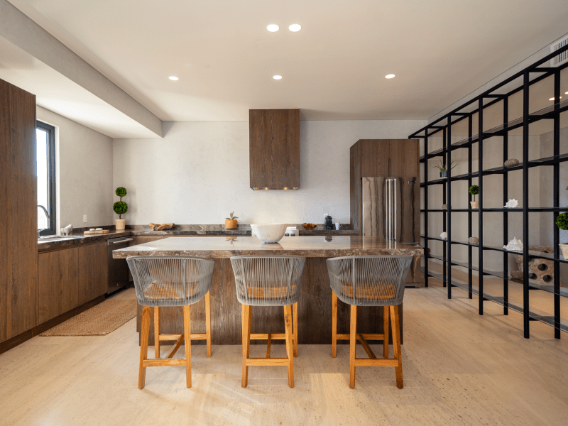 Steel frame chairs at a kitchen island