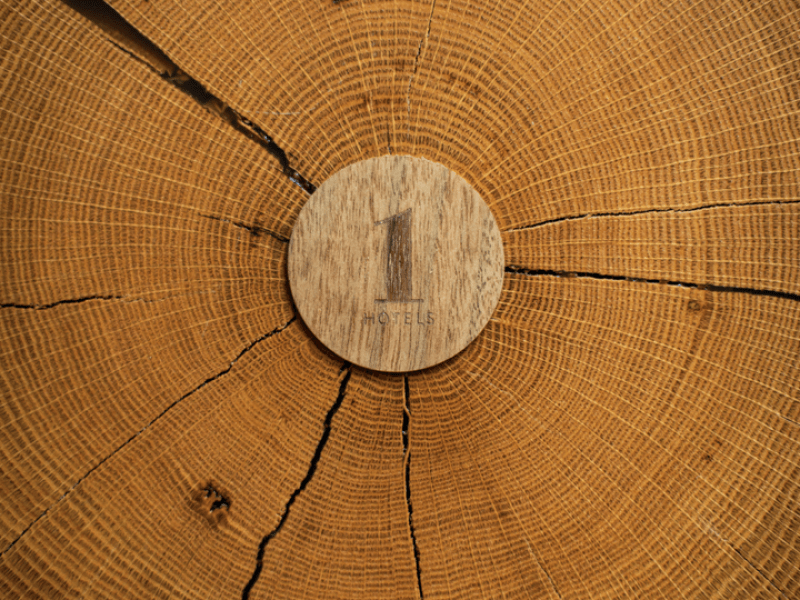 1 Hotels room key on a wooden table made of a tree stump