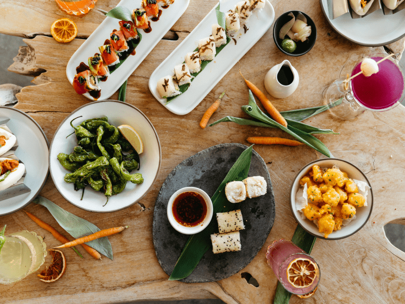 Sushi rolls and side dishes