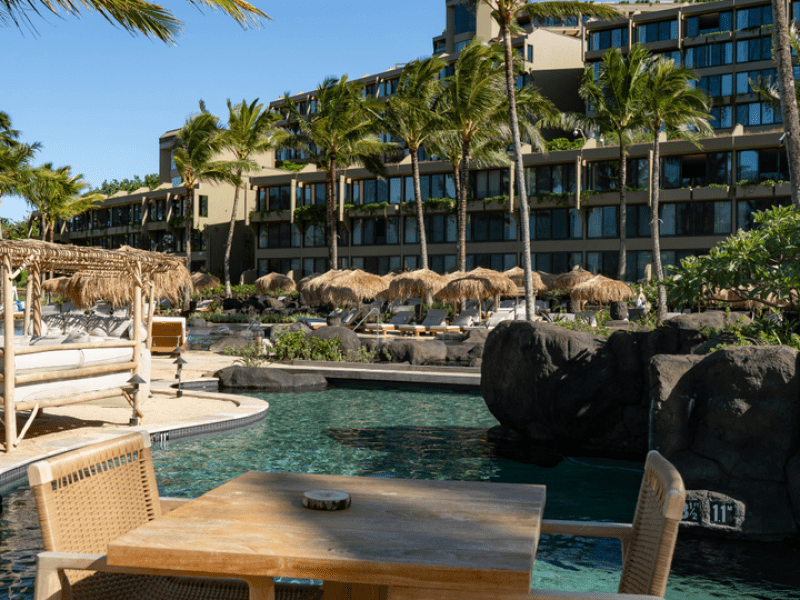 A table and outdoor pool