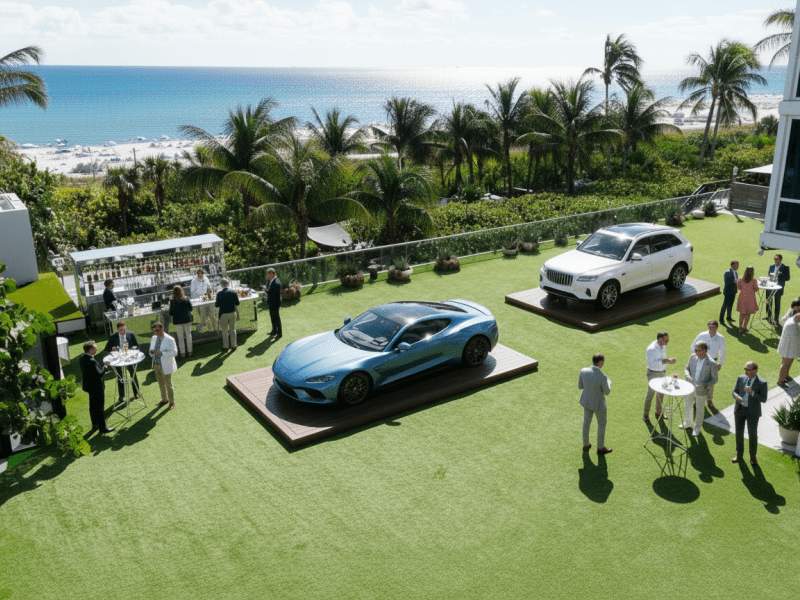 Cars and people on turf overlooking the ocean
