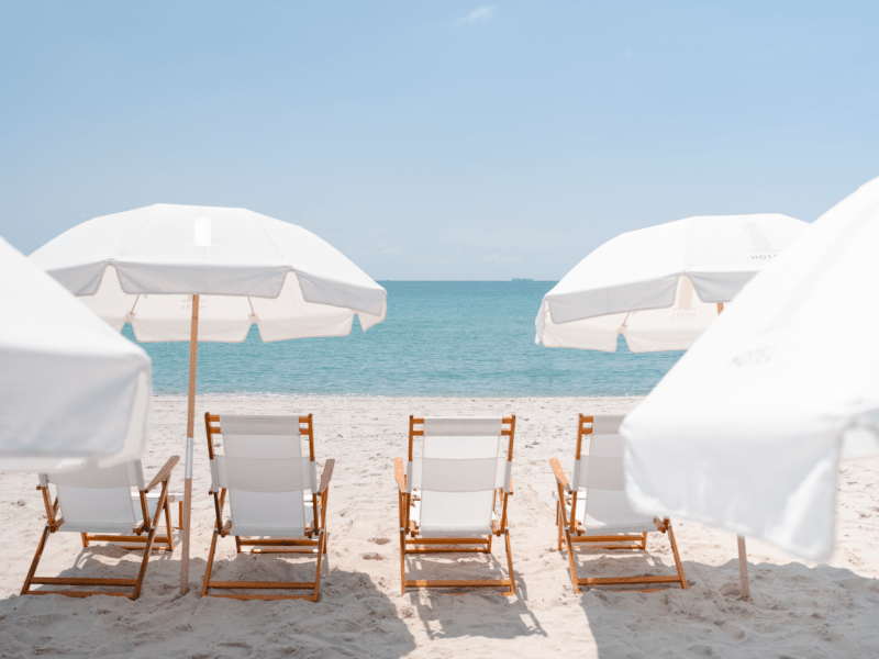 Beach chairs and umbrellas