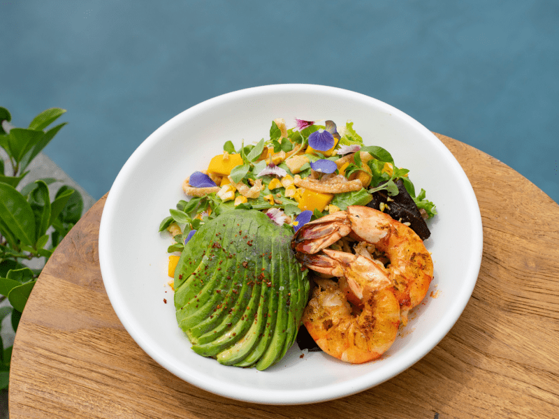 Dish with avocado and jumbo shrimp