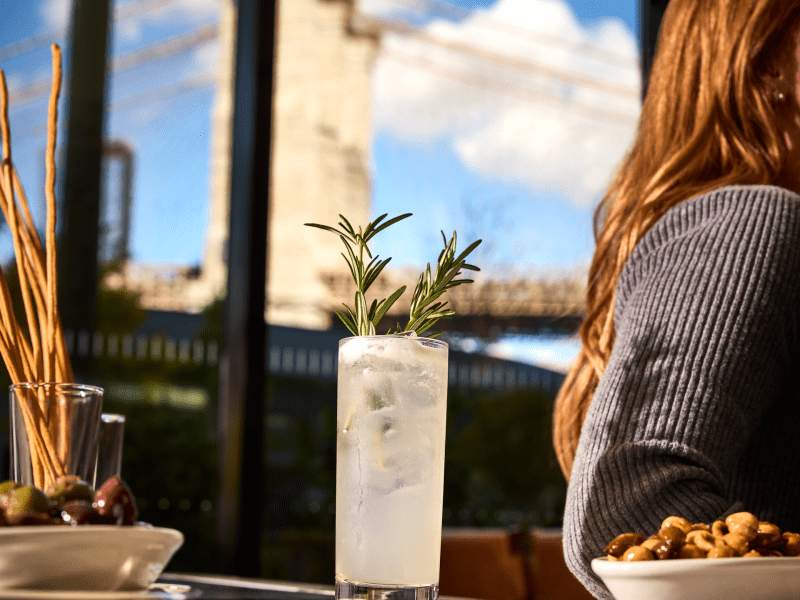 girl holding cocktail with a view of the brooklyn bridge