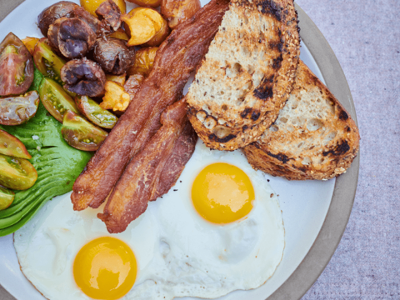 Bacon, eggs and toast on a plate