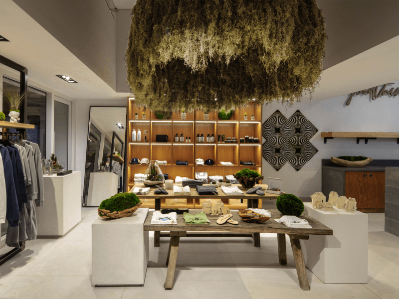 Store displays with clothing and accessories