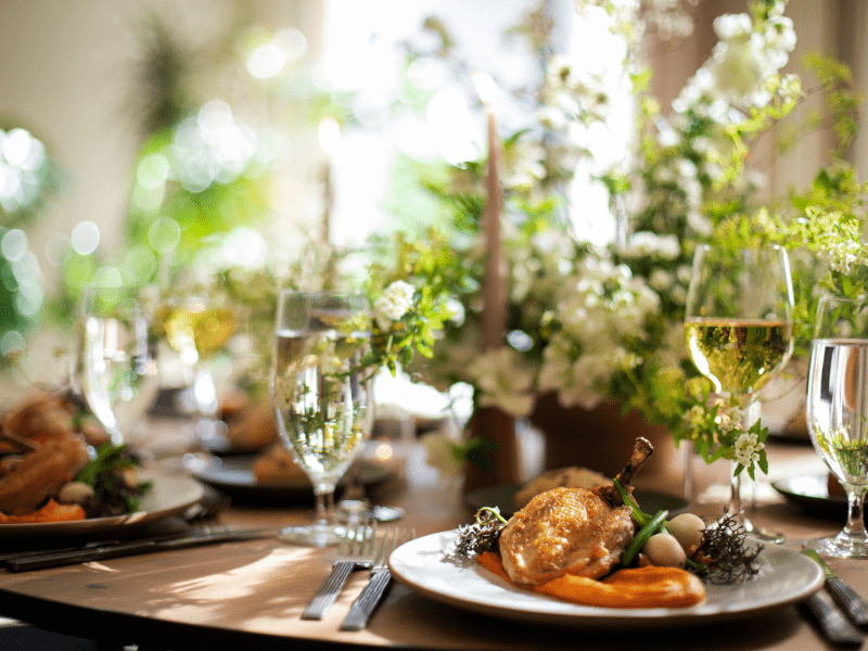 Dining table set with flower bouquet