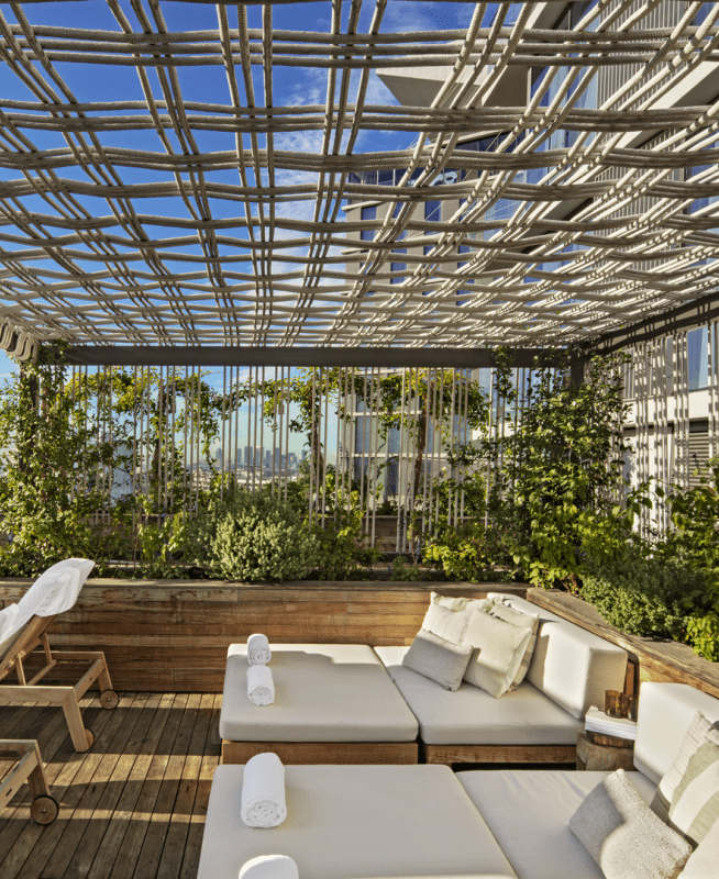 A rooftop lounge area with reclined lounge chairs is featured within a wall pf green plant life.  A trellis overhead.