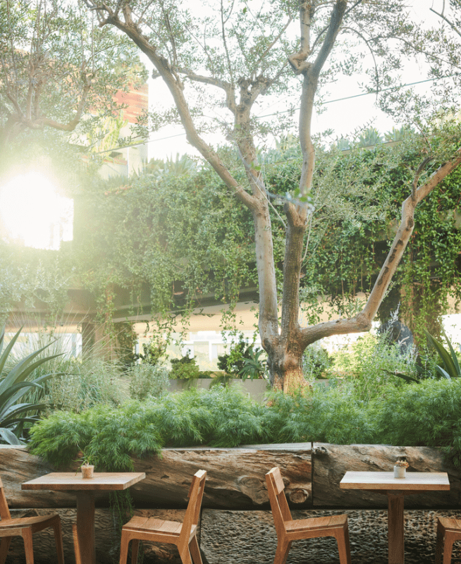 Two tables with two chairs each are shown in front of a lush green garden