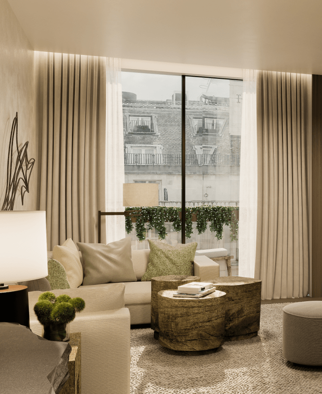 Hotel room living area 
