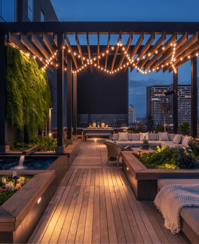 Dimly lit terrace lounge area at nigh