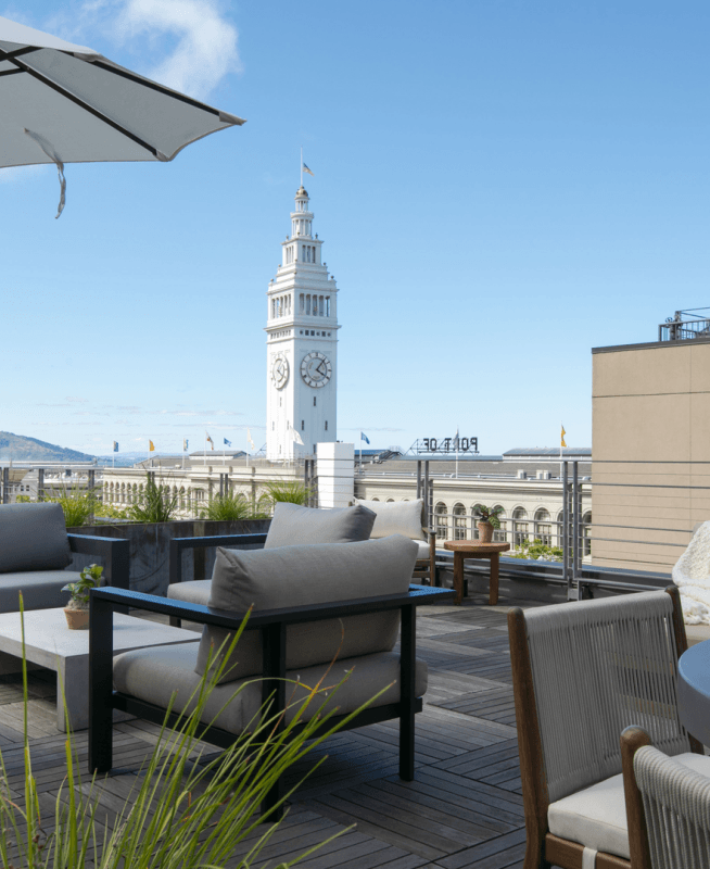 A view of the San Francisco ferry building clock tower as seen from the Terrace Suite