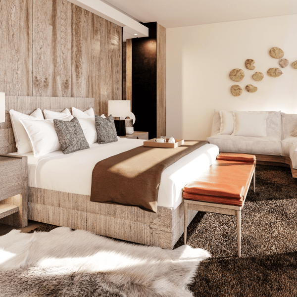 Wood grain paneled penthouse bedroom