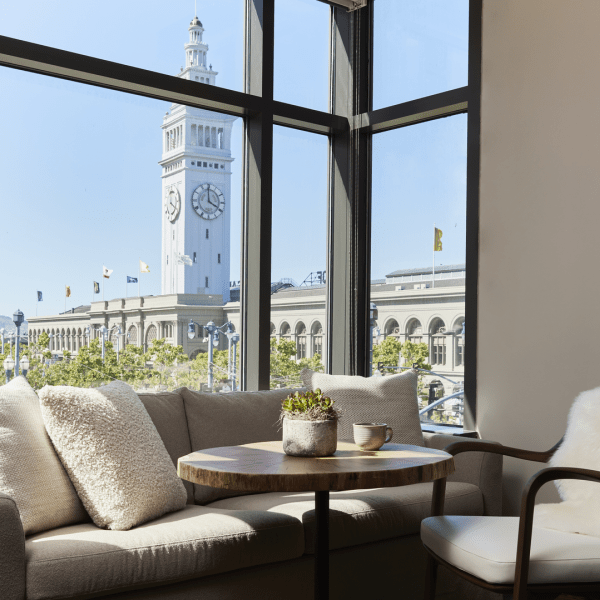 View of the San Francisco Ferry building from a 1 Hotels room.