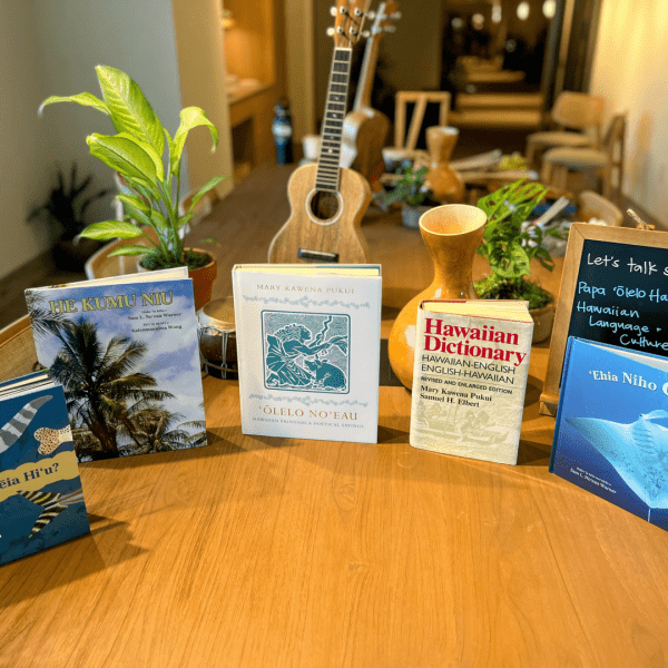 Hawaiian books displayed on a table