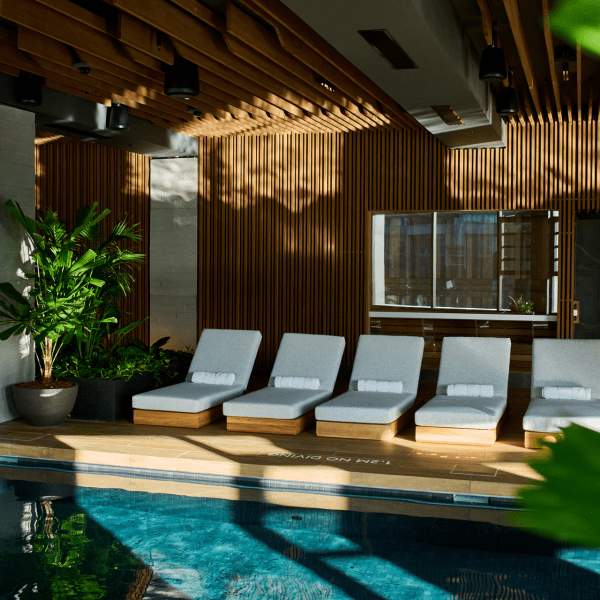 Chaise lounges in the indoor pool