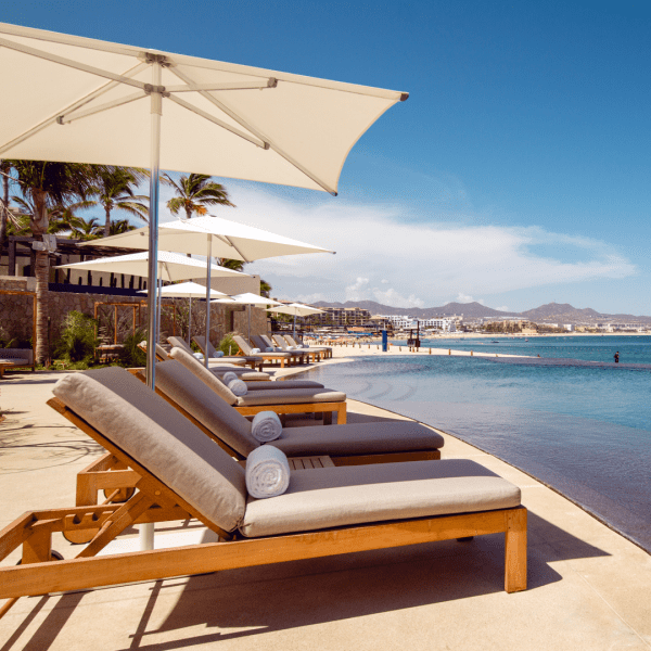 Lounge chairs along the beach