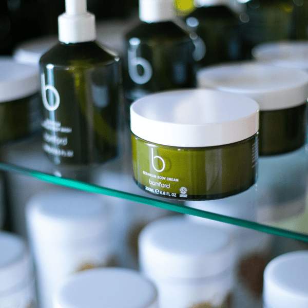 Shelf with bamford beauty products