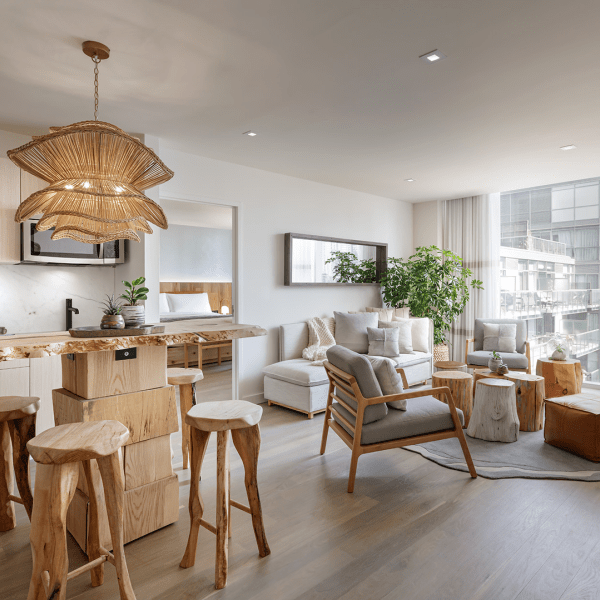 A 1 Hotels suite with full kitchenette, living room area, and bedroom
