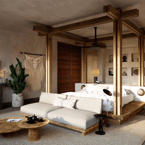 Royal suite bedroom with a large king size bed underneath a canopy 