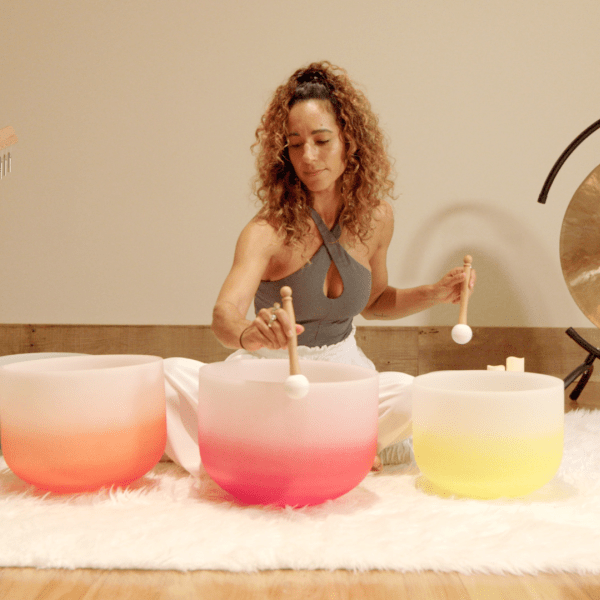 woman using crystal bowls