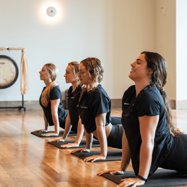 Group of women doing yoga class position in a calm vibe room