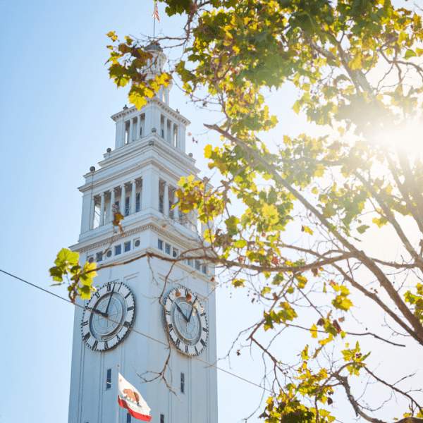 View of the San Francisco ferry building clock tower from ground level