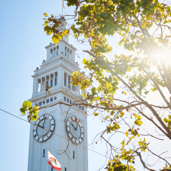 View of the San Francisco ferry building clock tower from ground level