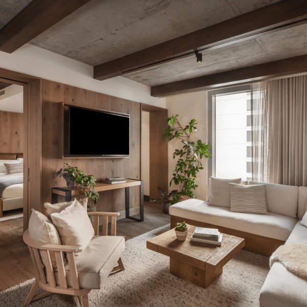 Wood paneled living room with a sectional couch