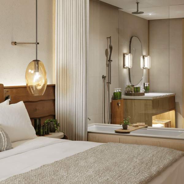 Modern bedroom and bathroom with glass