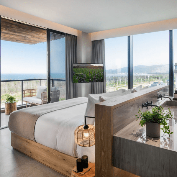 A bed with double sinks on the back