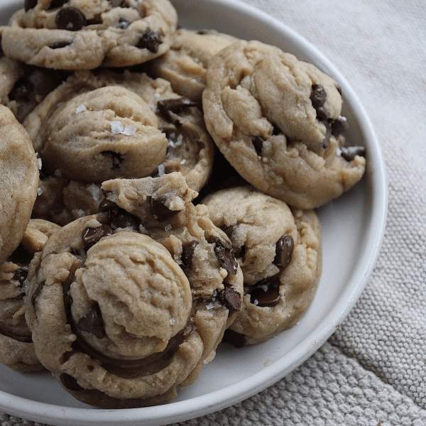 A plate with salted chocolate chip cookies