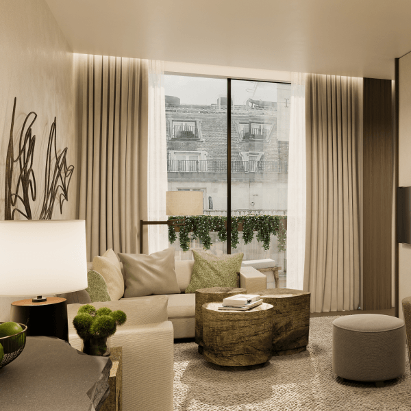 Hotel room living area 