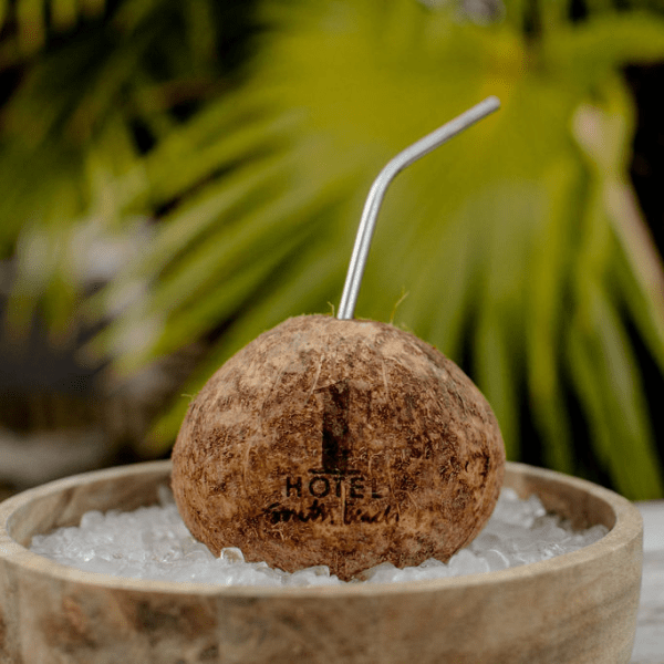 1 Hotel branded coconut with a straw coming out of it