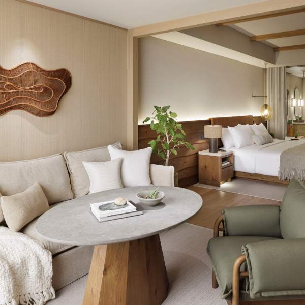 Warm-toned large room with bed, couch, and bathroom