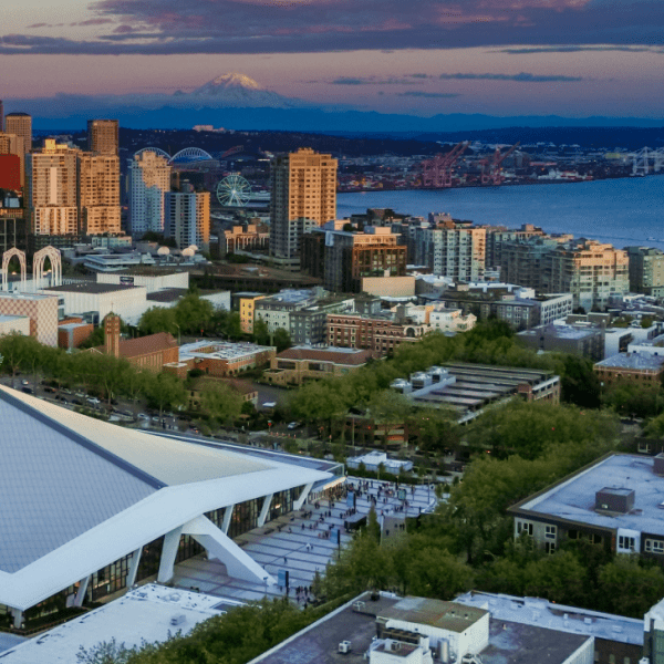 Birdseye view of climate pledge arena in Seattle