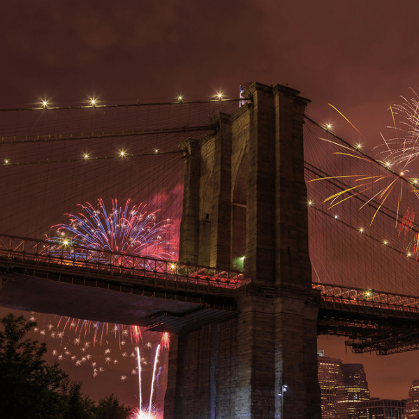 Fireworks being set off behind a bridge