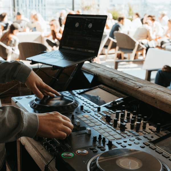 dj booth with outdoor patio