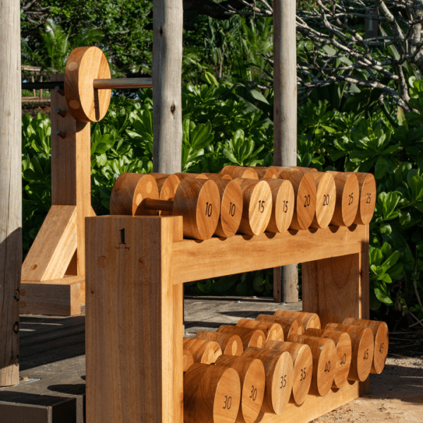 a rack of wooden dumbells