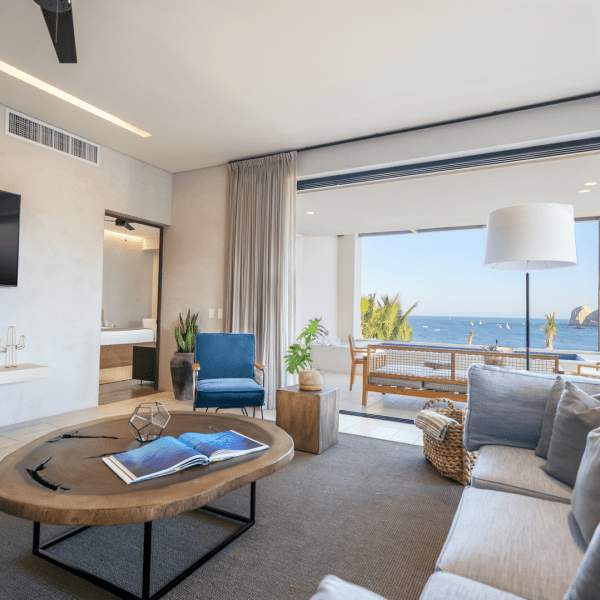 A living room area with a couch and table