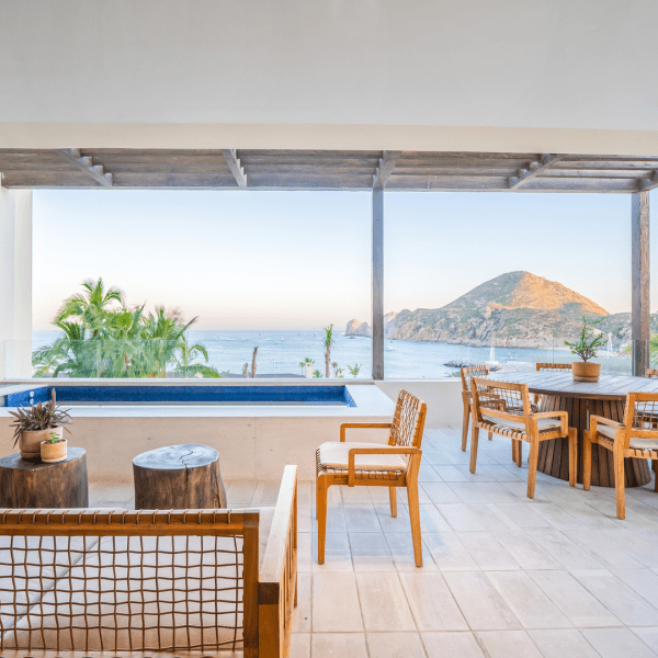 Seating area with the ocean in the background
